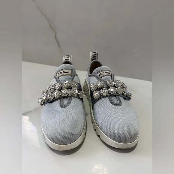 Miu Miu Grey Crystal Embellished Slip-On Sneakers Size 36.5 - Picture 3 of 14